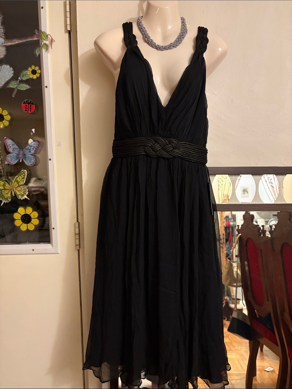 BCBGMaxAzria Black V-Neck Midi Dress with Braided Waistband. 100. Silk